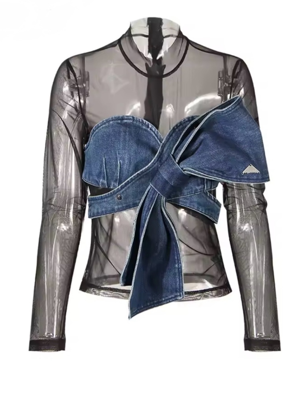 Denim Bow-Front Bustier Top with Sheer Black Long-Sleeve Overlay